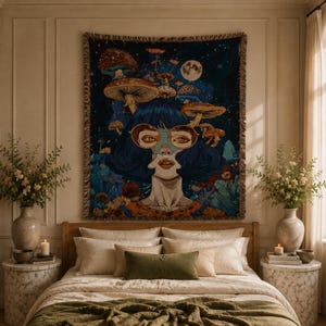 May include: A rectangular woven wall tapestry featuring a dark blue night sky background with a full moon, stars, and various mushrooms growing from the hair of a central figure wearing round glasses, surrounded by colorful floral elements.