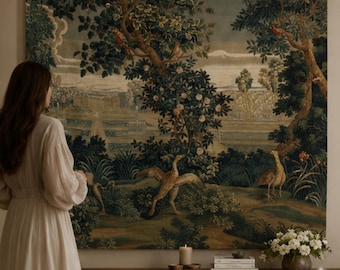 Tapiz de jardín francés, tapiz mural de paisaje vintage, arte textil de finca europea, decoración de dormitorio estilo cottagecore