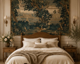 Französischer Gartenteppich, Wandbehang, Landschaftsmalerei, Landschaftsbild, Bohemian Dekoration, Cottagecore Schlafzimmerdeko
