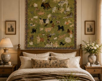 Tapiz colgante de pared "Paraíso Canino", manta adorable con motivos de razas de perros, decoración para el hogar para amantes de los perros, manta tejida, regalo para amantes de las mascotas, arte de pared estilo cottagecore.