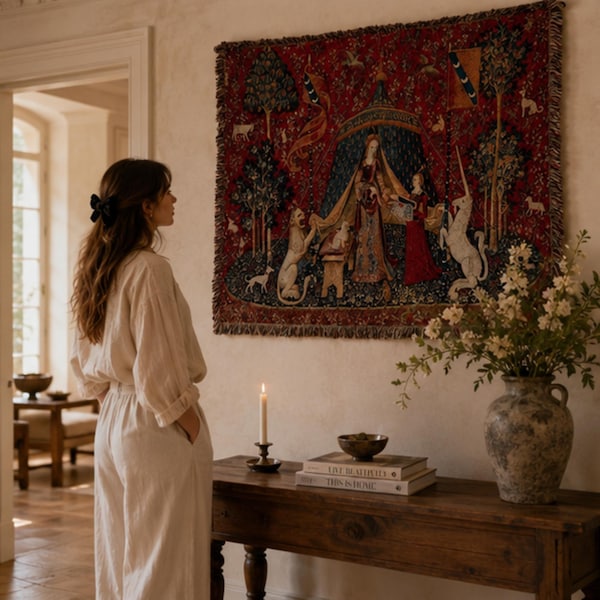 Medieval Lady and Unicorn Woven Tapestry, Red Cotton Wall Hanging, Vintage European Gothic Textile Art, Dark Academia Decor