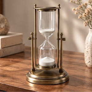 Könnte beinhalten: Eine Sanduhr mit einem metallischen, messingfarbenen Rahmen, einer runden Basis und einem runden Oberteil. Die klaren Glaskammern enthalten feinen weißen Sand, wobei ein Teil des Sandes durch die schmale Mitte in den unteren Glaskolben fließt.