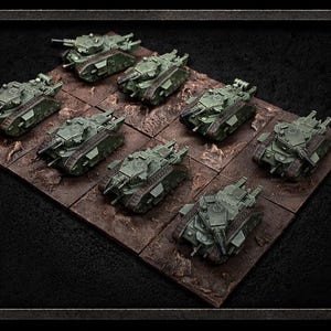 May include: A collection of eight miniature green tanks arranged on a rectangular base. The image features a logo with a skull, wings, and a lightning bolt above the text BOLT AND RESIN CO. Additional icons and text include PREMIUM QUALITY, HIGH DETAIL PRINTS, CAREFULLY PACKAGED, and FAST SHIPPING.