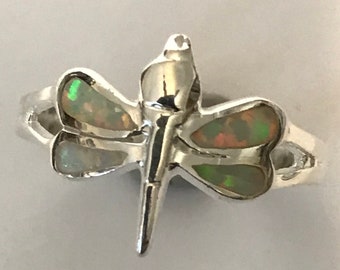 Dragonfly white  opal ring sterling silver