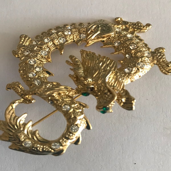 Dragon pin with green eyes dragon brooch in silver or gold