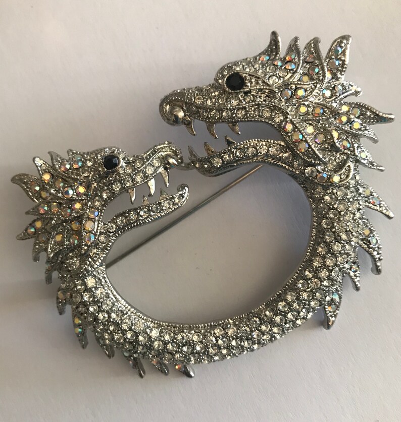 Dragon pin brooch with rhinestones two headed dragon image 6