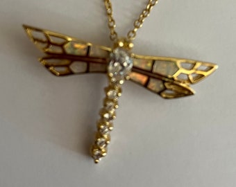 Dragonfly pin pendant necklace opal and cz in vermeil