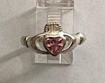 Claddagh ring pink cz sterling silver