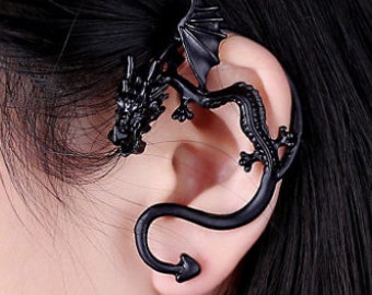 Dragon ear wrap, ear cuff black, gold or silver