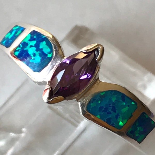Opal amethyst inlaid blue opal sterling silver ring