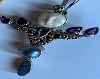 Carved bone necklace with amethyst and opal in sterling silver