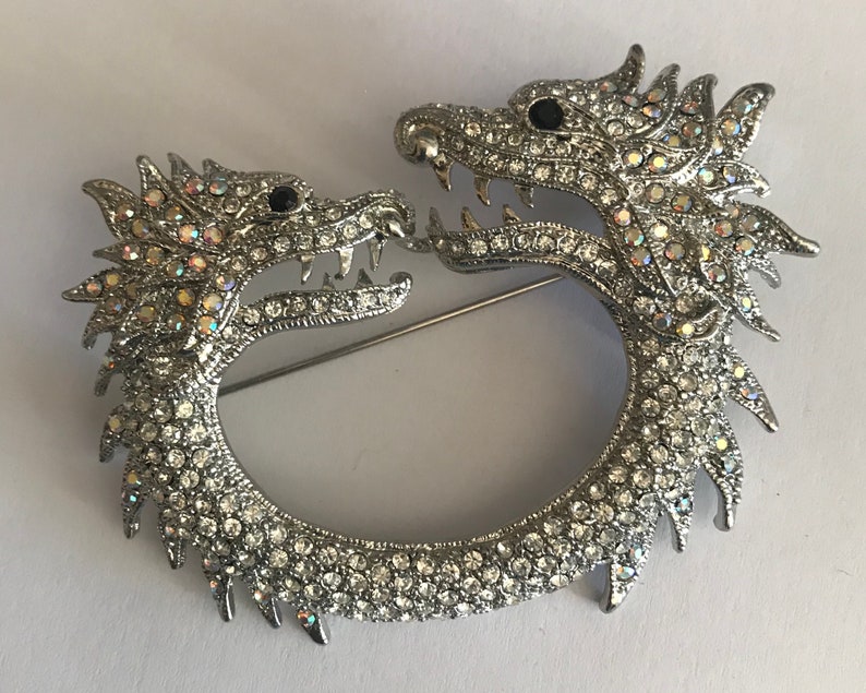 Dragon pin brooch with rhinestones two headed dragon image 1