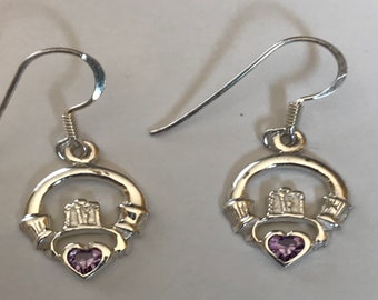 Claddagh earrings amethyst in sterling silver celtic style