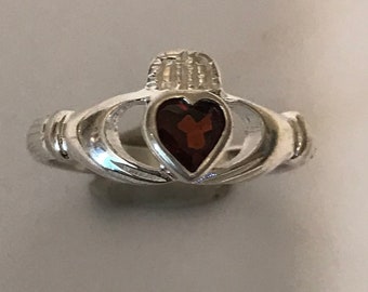 Claddagh ring garnet sterling silver