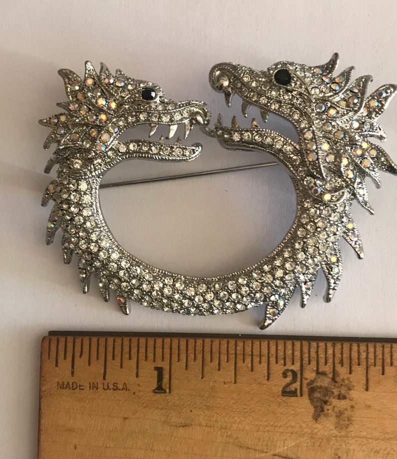 Dragon pin brooch with rhinestones two headed dragon image 3