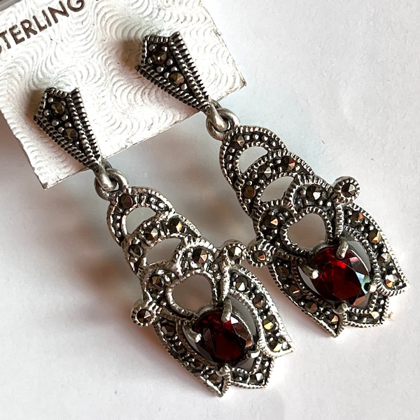 Garnet and marcasite earrings in sterling silver