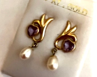 Amethyst and pearl earrings 14 karat gold