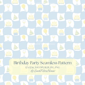 May include: A seamless digital pattern featuring a repeating grid of light blue and white wavy squares. The design includes yellow illustrations of birthday cakes, balloons, party hats, cupcakes, and wine glasses. Text reads: Birthday Party Seamless Pattern, 12 x 12 in, 300 DPI, RGB, JPG, PNG, by LushFloraHouse.