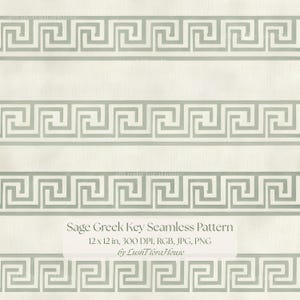 May include: A digital graphic featuring a repeating sage green Greek key pattern on a light cream background. The text reads: Sage Greek Key Seamless Pattern, 12 x 12 in, 300 DPI, RGB, JPG, PNG, by LushFloraHouse. The design consists of horizontal bands.