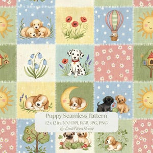 May include: A seamless pattern featuring illustrations of puppies, suns, flowers, hot air balloons, and birdhouses in a grid layout. The text reads Puppy Seamless Pattern 12 x 12 in, 300 DPI, RGB, JPG, PNG by LushTFloraHouse in a light-coloured box.