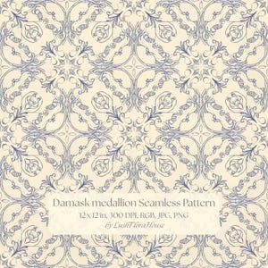 Könnte beinhalten: Ein nahtloses Muster mit einem sich wiederholenden dunkelblauen Damast-Medaillon-Design auf hellcremefarbenem Hintergrund. Das Bild enthält den Text: Damask medallion Seamless Pattern, 12 x 12 in, 300 DPI, RGB, JPG, PNG, by LushFloraHouse.