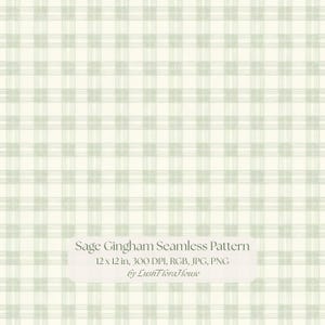 May include: A seamless digital pattern featuring a sage green and off-white gingham check design. The image includes the text: Sage Gingham Seamless Pattern, 12 x 12 in, 300 DPI, RGB, JPG, PNG, by LushFloraHouse, centered on a light rectangular overlay.
