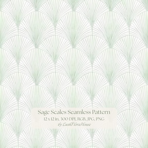 May include: A seamless pattern featuring sage green fan-shaped scales with fine radiating lines on a white background. Text reads: Sage Scales Seamless Pattern, 12 x 12 in, 300 DPI, RGB, JPG, PNG, by LushFloraHouse. The design repeats in a grid.