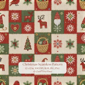 May include: A seamless Christmas pattern featuring a grid of squares with red, green, and cream colors. The design includes illustrations of reindeer, gnomes, snowflakes, hearts with buttons, Christmas trees, and baskets filled with ornaments.