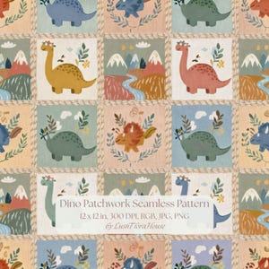 May include: A seamless pattern featuring square tiles with illustrations of dinosaurs, mountains, and foliage, separated by a rope-like border. The text reads: Dino Patchwork Seamless Pattern, 12 x 12 in, 300 DPI, RGB, JPG, PNG by LushFloraHouse.