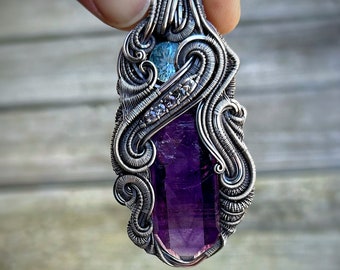 Gobobosep Amethyst Pendant // Blue Topaz // Sapphires // Wire Wrap // Festival Jewelry // Crystal Necklace // Handmade // One of a Kind