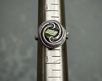 Green Garnet Ring // Size 7 // Oxidized Sterling Silver // Handmade Wire Wrap // Wrapped Ring // Festival Jewelry // Wire Flow // Art