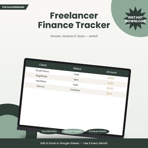 Könnte beinhalten: Eine digitale Freelancer Finance Tracker Tabellenvorlage für Excel oder Google Sheets. Die Benutzeroberfläche zeigt Spalten für Client, Status und Amount sowie Zeilen für Studio Nova, BrightPath, Northline und Kira Lin. Enthält Reiter für Tax Estimator, Invoice Tracker und 6 Linked Sheets.