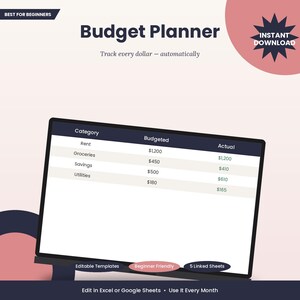 Könnte beinhalten: Eine digitale Budgetplaner-Vorlage auf einem Bildschirm mit dem Text Budget Planner, Track every dollar - automatically, BEST FOR BEGINNERS und INSTANT DOWNLOAD. Die Tabelle zeigt Kategorien für Rent, Groceries, Savings und Utilities.