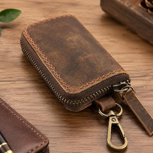 Handmade Full Grain Leather Car Key Pouch, Zippered Coin Purse with Antique Brass Belt Clip
