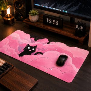 Podkładka pod myszkę do gier Kawaii Black Cat Pink Cloud, rozszerzona podkładka pod mysz do gier, klawiatura z motywem anime
