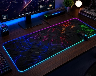 Tapis de souris gaming RGB XXL, tapis de bureau LED géométrique 3D, tapis de clavier étendu