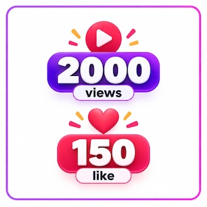 May include: A digital graphic featuring two rounded rectangular badges. The top badge is purple with white text reading 2000 views and a red play button icon. The bottom badge is red with white text reading 150 like and a red heart icon above.
