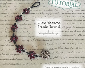 May include: A micro macrame bracelet tutorial by Windy Willow Designs. The bracelet features burgundy beads arranged in floral patterns, connected by black cord. The tutorial includes step-by-step photo instructions. The bracelet is fastened with a decorative silver button.