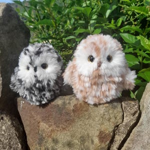 May include: Two round, fluffy plush owl figures with large dark eyes. One owl features a black and white mottled pattern, while the other has a light tan and white mottled pattern. Both have soft, textured faux fur and sit side by side.