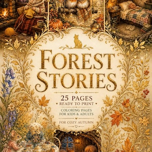 May include: A digital coloring book cover titled Forest Stories featuring 25 pages of autumn-themed illustrations. The artwork displays mice in cozy settings, birds on a swing, and woodland scenes framed by intricate gold leaf and maple foliage.