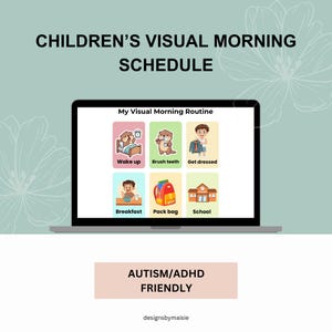 以下が含まれることがあります： 子供向けの視覚的な朝のスケジュールを表示するデジタル画面。Wake up、Brush teeth、Get dressed、Breakfast、Pack bag、Schoolとラベル付けされた6つのアイコンがあります。画面にはMy Visual Morning RoutineとAutism/ADHD Friendlyと書かれています。