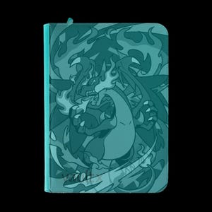 May include: A rectangular teal-colored zippered binder featuring a monochromatic graphic illustration of a dragon-like creature surrounded by stylized flames. The design covers the entire front surface, showcasing sharp lines and a consistent color palette.
