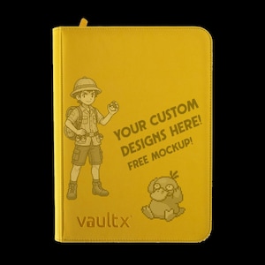 May include: A yellow zippered binder featuring a debossed graphic of a character in a safari outfit holding a ball, a pixelated duck-like creature, and the text "YOUR CUSTOM DESIGNS HERE! FREE MOCKUP!" with the "vaultx" logo at the bottom.