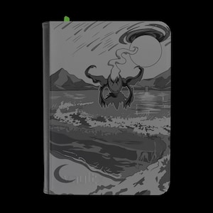 May include: A rectangular gray portfolio case featuring a monochromatic illustration of a dark, winged creature hovering over a body of water with waves, mountains, a full moon, and a crescent moon symbol in the bottom left corner.