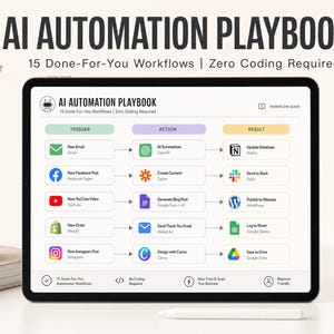 May include: A digital tablet displaying the AI Automation Playbook with 15 done-for-you workflows. The screen features a chart with columns for Trigger, Action, and Result, using icons for Gmail, Facebook, YouTube, Shopify, Instagram, OpenAI, Zapier, Slack, WordPress, Google Sheets, and Drive.