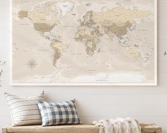 Personalisierte Weltkarte - Beiges Minimalistisches Reiseposter (Leinwand oder Papier)