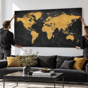 Vintage World Map in gold&black – Custom Push Pin Travel Tracker (Canvas Wall Art)