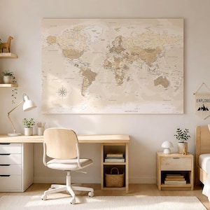 Personalized Push Pin World Map – Travel Map, Minimalist Beige Canvas Wall Art (Includes Pins)