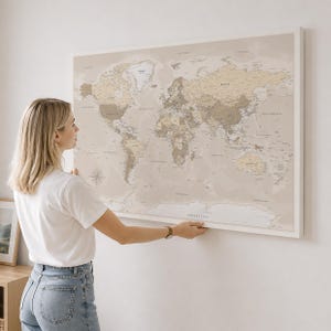 Personalized Push Pin World Map – Minimalist Beige Canvas Wall Art