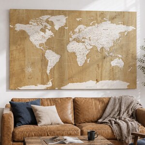 World Map Canvas Art – Natural Wood Grain Effect, Ready to Hang Wall Decor